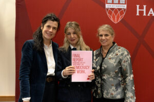 Isabelle Ferreras, Minister Diaz and Sharon Block holding up final report